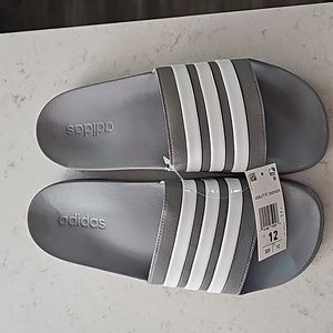 Adidas man's slides gray and white striped Size 12